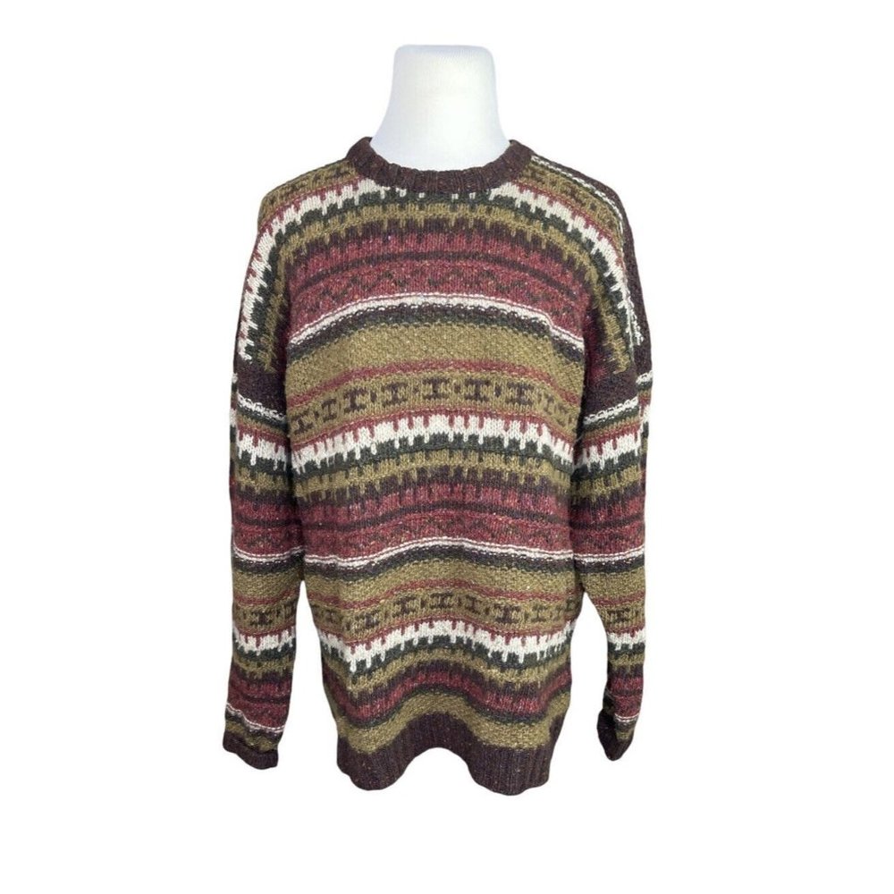 The J Peterman Company 100% Wool Nordic Fair Isle Brown Sweater XL